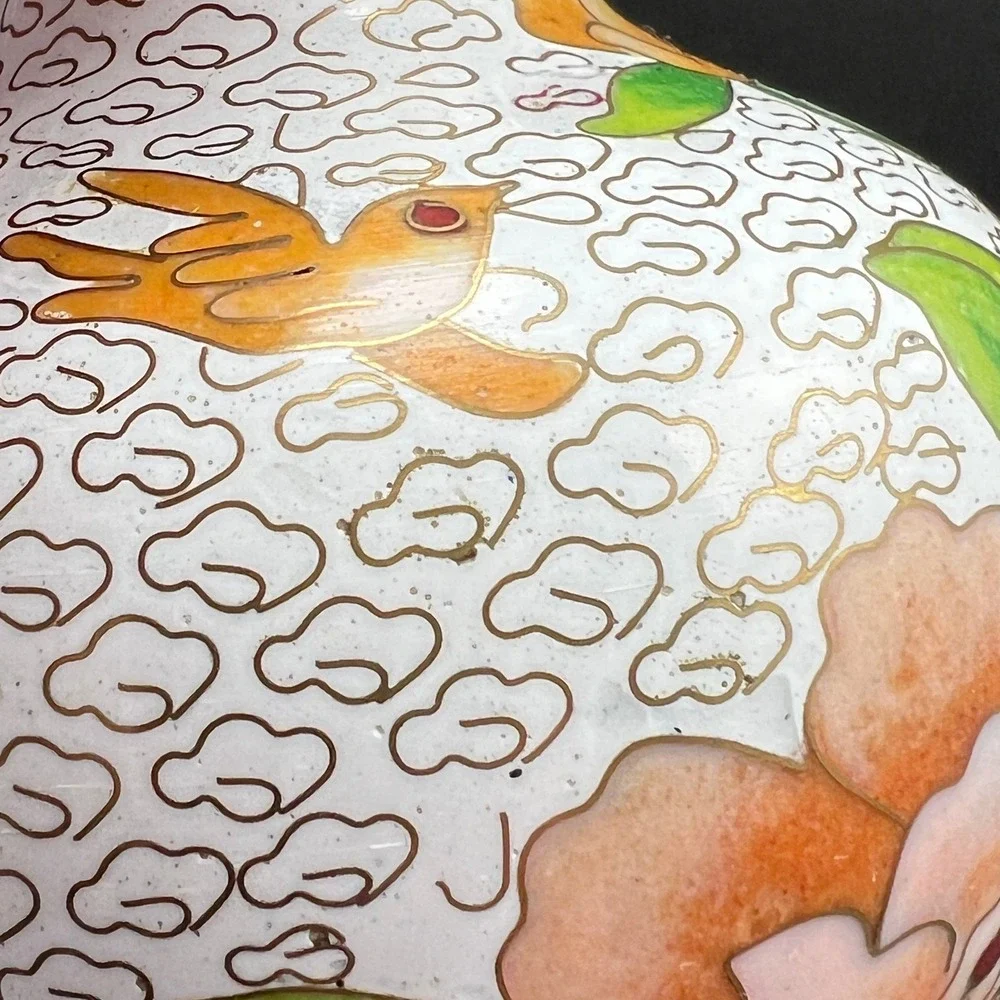 Vintage Cloisonne Vase White Floral Bird Peony Brass 5